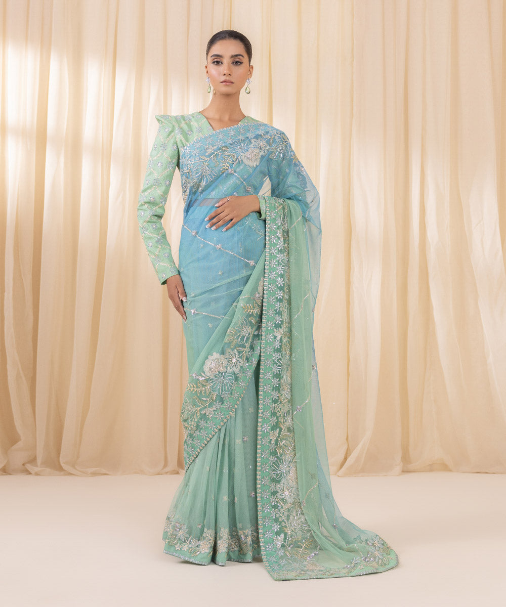 Sky Blue and Mint Ombre Saree | 3SFELX24V651