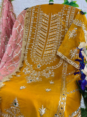 ORGANZA HEAVY EMBROIDERED SUIT WITH DIAMOND