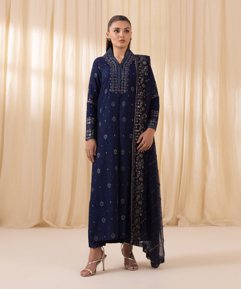 Navy Blue Embroidered Silk Salwar Kameez | 000RFLX24V36