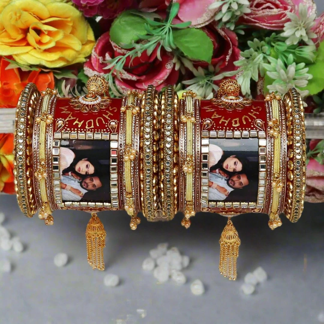 Rajwadi Couple Name And Photo Bangles Set With Beautiful Jhoomer Design